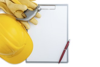 Helmet Yellow construction Gloves Claw Hammer On Clipboard Isolated