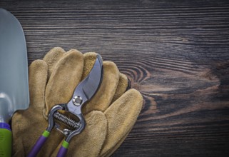 Spade pruning shears safety gloves on wooden board gardening concept