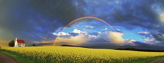 Panorama, chapel and rainbow over a rapeseed field