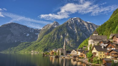 Hallstatt Austria, Nature landscape panorama of Hallstatt village with lake and mountain