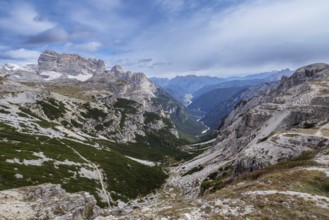 View of valleys and high mountains in the Dolomites, Dolomite Alps, Tre Cime di Lavaredo, Italy