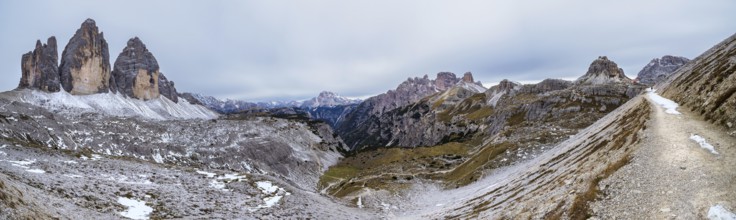 Panoramic view of the famous peaks of the Dolomites, Tre Cime di Lavaredo National Park, Dolomiti