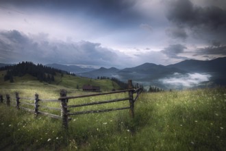 Mountains rural landscape before rain. Carpathian mountains, Ukraine