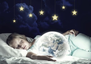 Cute girl in bed and looking at Earth planet. Elements of this image are furnished by NASA