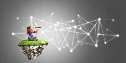 Cute smiling girl on floating island presenting social connection concept