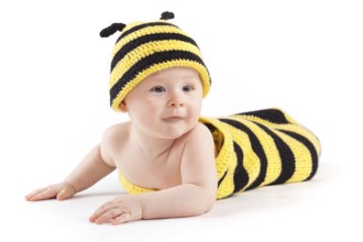 Isolated on white, cute happy caucasian baby boy in diaper and bee costume lies
