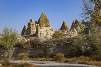 Rock formations of mountain ridges, valleys and pinnacles at Göreme National Park, Cappadocia,