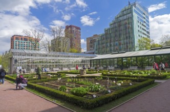 MOSCOW, RUSSIA, MAY 13, 2017: Garden beds with medicinal plants and greenhouses in Aptekarsky