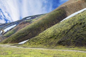 Amazing Iceland - dream for photographers and tourists. Rhyolite mountains, remains of last year's