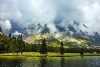 Königssee - the cleanest lake in Germany, Bavaria. Walking route along the lake shore. The lake is