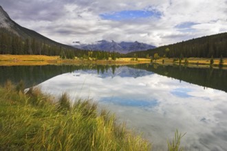 Lake in mountains surrounded by a wood and the cloudy sky
