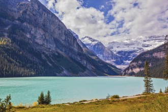 Magnificent Lake Louise is surrounded by mountain and glaciers. Rocky Mountains, Canada, Banff