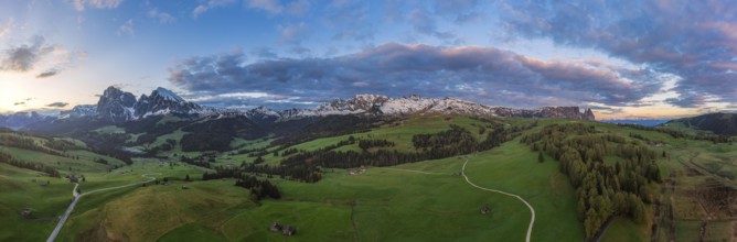 Panoramic view from the Seiser Alm to the Dolomites in Italy, drone shot