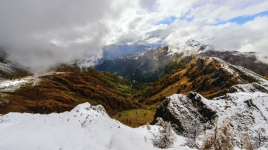 Autumn landscape with colorful trees and snowy mountains in the background in Dolomites