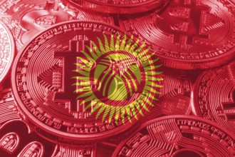 Kyrgyzstan bitcoin flag, national flag cryptocurrency concept black background