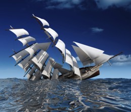 Beautiful sailing ship sinks in the open ocean