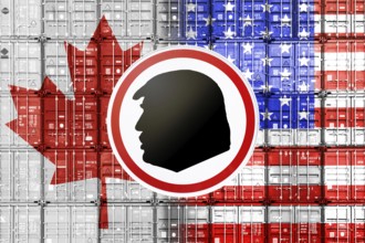 Customs sign with profile of Donald Trump in front of stacked containers in us and Canadian