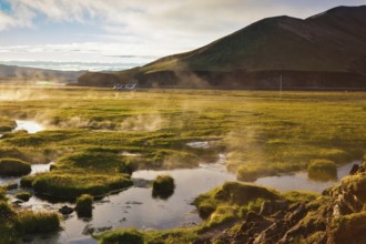 Above the source of thermal water steam rises. White nights in Iceland. Sunrise Park