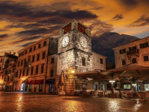 Clock tower on central square of Old Town in Kotor in early morning, Montenegro