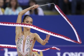 Sofia, Bulgaria - 14 September, 2018: Neviana VLADINOVA from Bulgaria performs with ribbon during