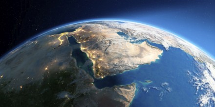 Highly detailed Earth with atmosphere, exaggerated relief and light-flooded cities. Transition from