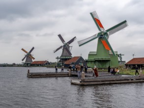 Traditional windmills on the coast Zaan in museum village, Open-air museum Zaanse Schans, Zaanse