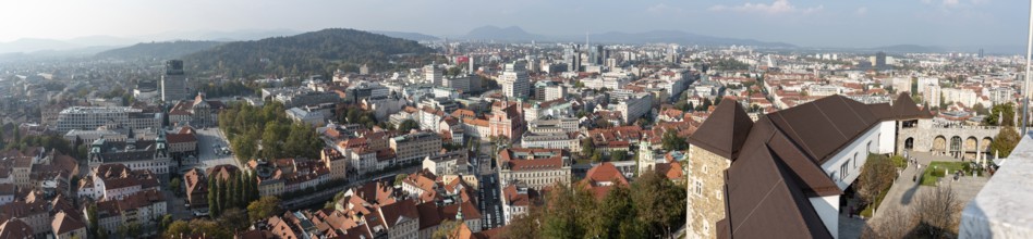 Aerial view over downtown Ljubljana, university and Ursuline church at the right, the Slovenian
