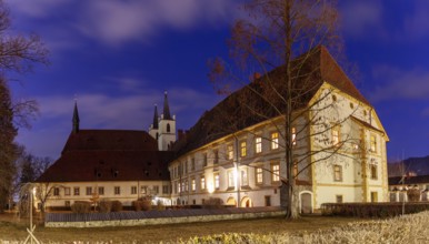 Göß Abbey, collegiate church, former monastery of the Benedictine nuns, blue hour, panoramic view,