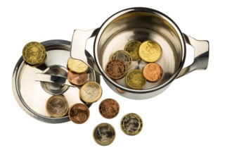 A saucepan with a few euro coins, symbolic photo for national debt and financial crisis