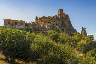 A picturesque view of the abandoned, old mountain town of Craco, built of sandstone rock. Craco is