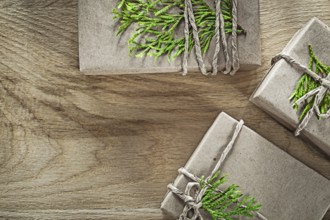 Wrapped handmade present boxes with green branch holidays concept