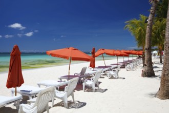 Beach with Palm trees and deckchair on Boracay, island, Philippines, parasols, Boracay, Philippines