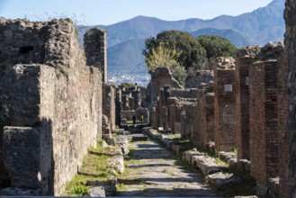 POMPEII, ITALY, MAY 04, 2022, A beautiful typical cobbled street in the ancient city of Pompeii,