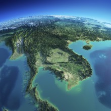 Highly detailed planet Earth in the morning. Exaggerated precise relief lit morning sun. Detailed