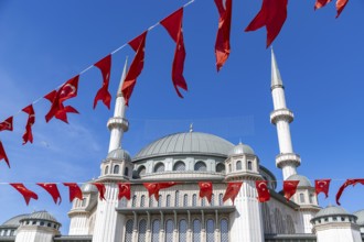 A picture of the Taksim Mosque with many Turkish flags hanging nearby