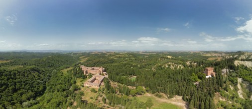 Aerial view of the Abbey of Monte Oliveto Maggiore, a large Benedictine monastery in the Italian