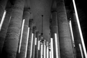Black and white composition of columns interspersed with contrasting light, Rome