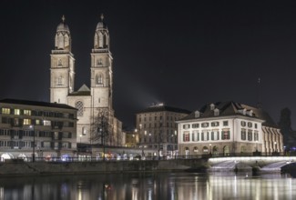 Evening. The Grossmunster is a Romanesque-style Protestant church in Zurich, Switzerland. It is one