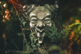 Demon mask in a garden