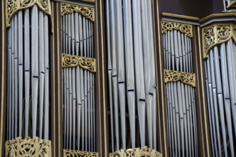 Detail of a church organ with pipe for choral music, Soroe, Denmark