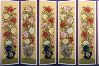 South korean room divider or screen with painted flowers, South Korea