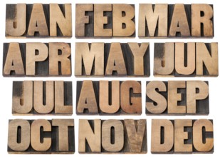12 months from January to December - a collage of isolated 3 letter symbols in vintage letterpress
