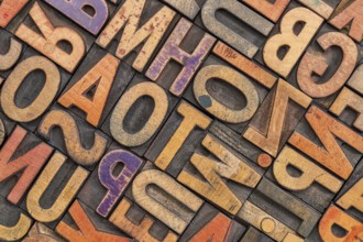 Wood type alphabet abstract with a grunge texture - letterpress printing blocks stained by color