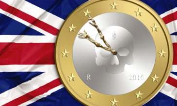 UK flag and an euro coin with skeleton arms as clock hands inside. Finance concept for leave and