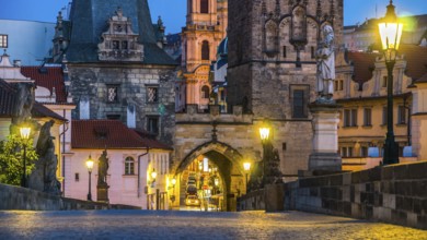 Architecture of Charles Bridge in Prague at early morning