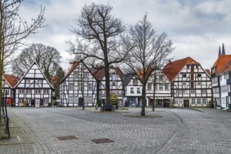 Market square with decorative half-timbered houses in Soest, Germany