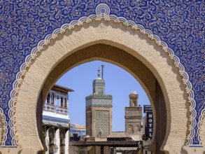 Bab Bou Jeloud Gate and minaret of Bou Inania madrasa, 1913, Medina Fez el-Bali, Fez, morocco