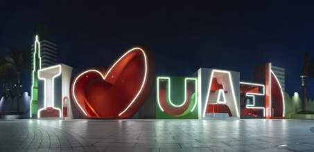 A picture of the I Love UAE sign at night