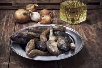 Raw fish breed perciformes called bull on background attributes kitchen before cooking