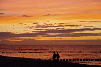 Couple talking a walk at the beach at sunset